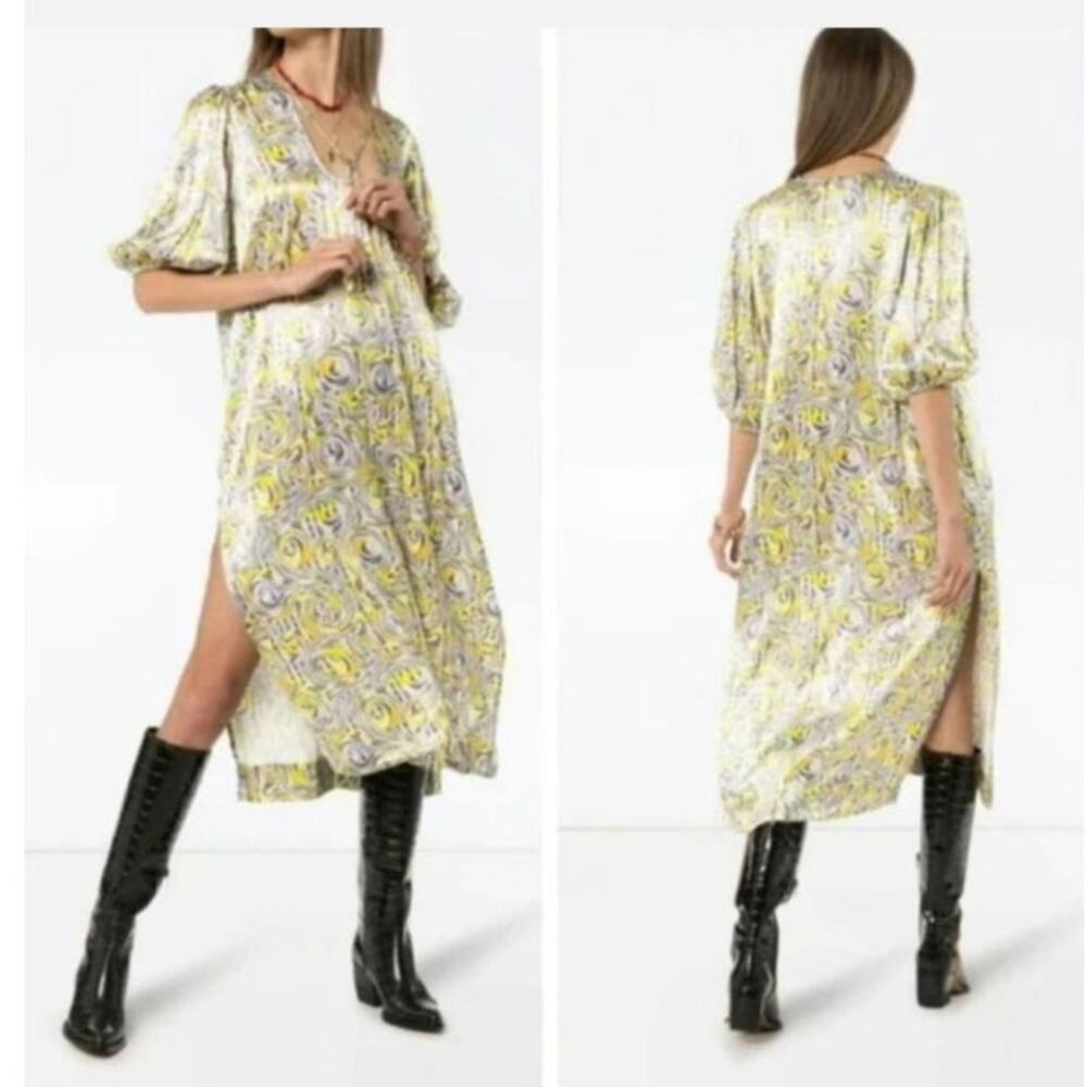 Ganni Yellow‎ Satin Midi Swirl Dress Size: 38